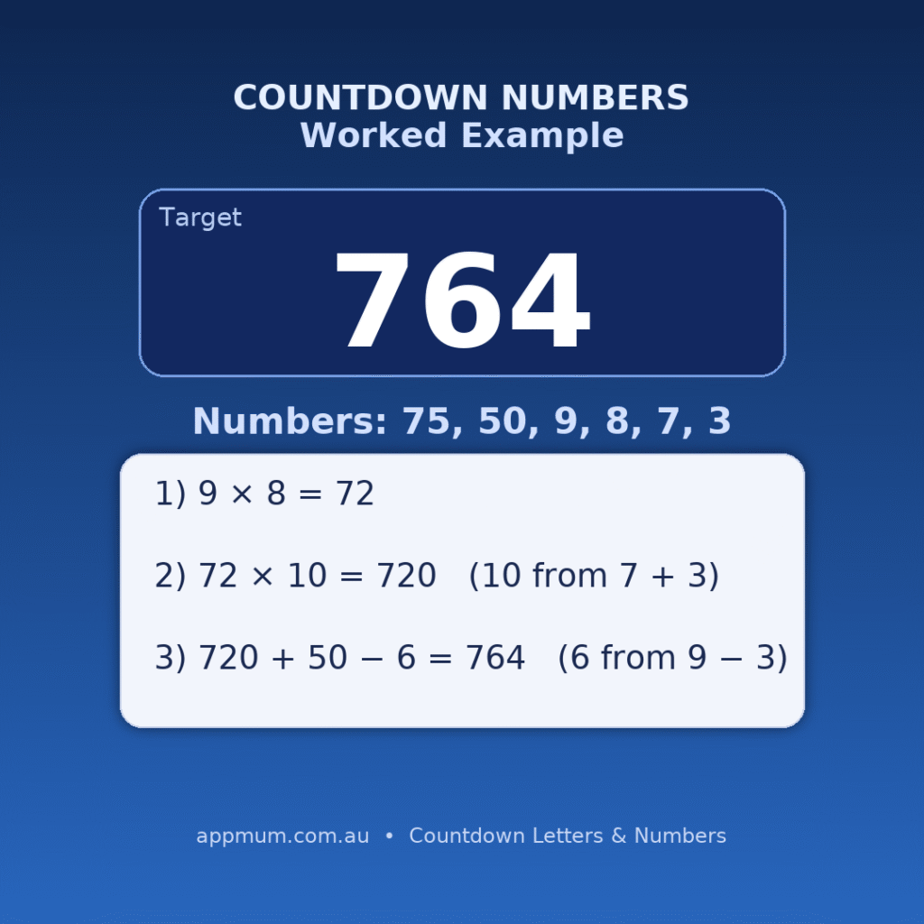 Countdown Numbers worked example showing target 764 and step-by-step solution